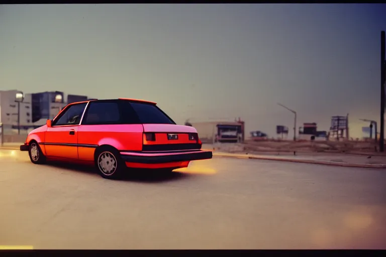 Image similar to stylized poser of a single 1985 Volkwagen GTI, thick neon lights, ektachrome photograph, volumetric lighting, f8 aperture, cinematic Eastman 5384 film