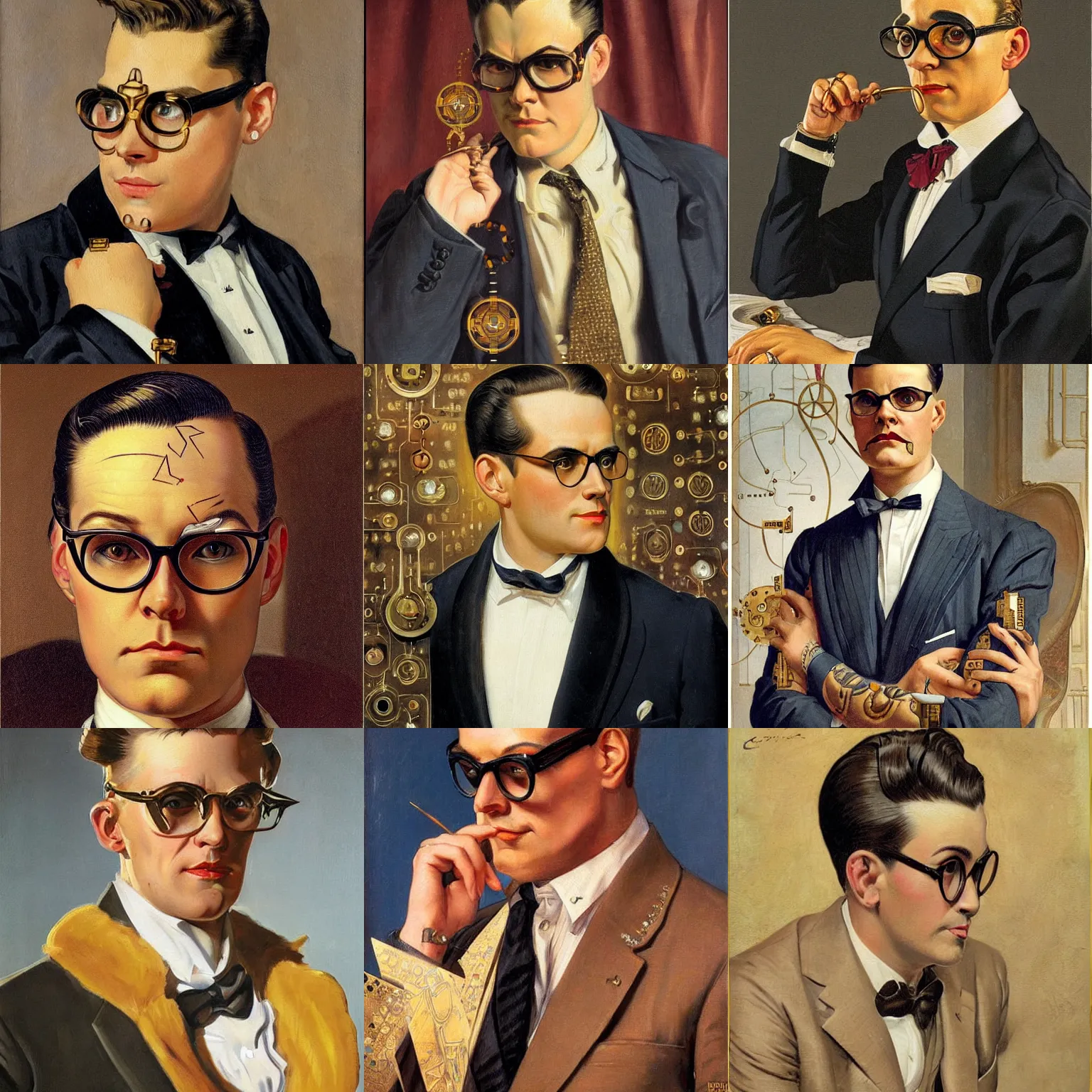 Prompt: french man with a sidecut wearing a suit and glasses, gold tattoo in the shape of circuitry on his forehead, full color painting by j. c. leyendecker