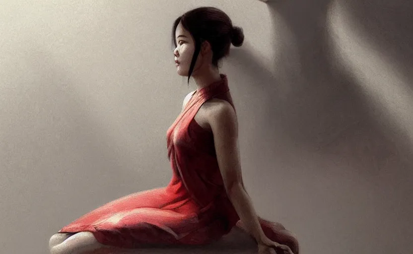 Prompt: beautiful thai woman sitting, soft grey and red natural light, intricate, digital painting, artstation, concept art, smooth, sharp focus, illustration, art by greg rutkowski and luis rollo and uang guangjian and gil elvgren, symmetry!