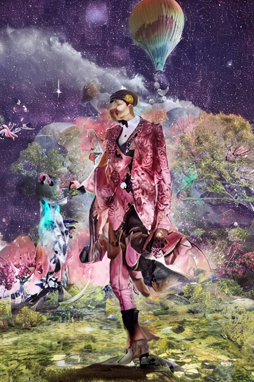 Image similar to Ethereal safari landscape with a pink rainbow sky under a god moonstone, black leather and embroidered Lolita dapper bespoke avant-garde tuxedo in velvet, black and gold rich color, dramatic cinematic lighting, featured on Artstation, extremely detailed by Lisa Frank