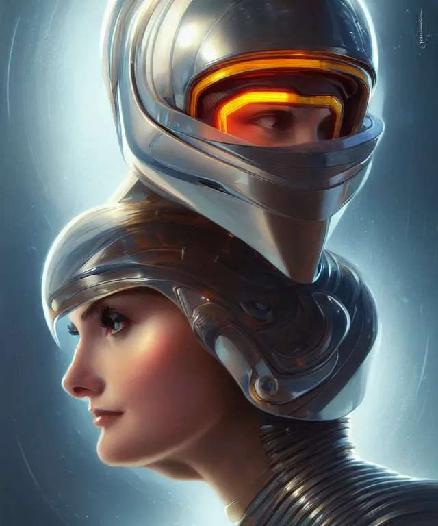 Image similar to futuristic woman in helmet portrait, sci-fi, amber eyes, face, long hair, fantasy, intricate, elegant, highly detailed, digital painting, artstation, concept art, smooth, sharp focus, illustration, art by artgerm and greg rutkowski and alphonse mucha