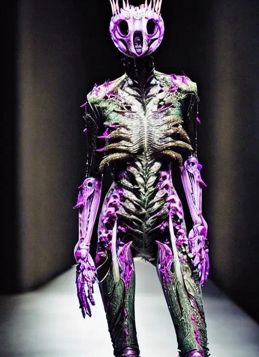 Image similar to walking down the catwalk, ben watts, show, stage, vogue photo, podium, fashion show photo, iris van herpen, beautiful woman, full body shot, helmet on face, masterpiece, plant predator, guyver, jellyfish, biomechanical details, movie still, fauvism, cinestill, bokeh, gelios lens