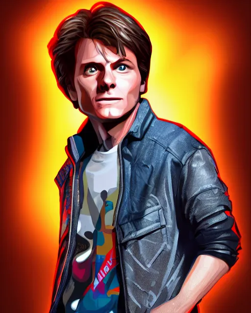 Image similar to surprised marty mcfly, artstation digital illustration portrait, colorful lighting, bokeh, detailed