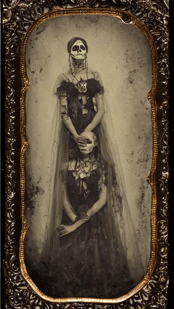 Image similar to tintype full body view, young woman in veiled dia de muertos dress and make up, horrific beautiful vibe, evocative, atmospheric lighting, painted, intricate, highly detailed,