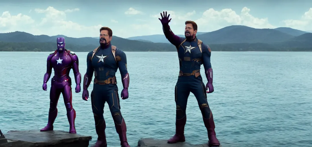 Image similar to a very high resolution image from a new movie. thanos waving at tony stark while capitan america watches on a lake, photorealistic, photography, directed by wes anderson