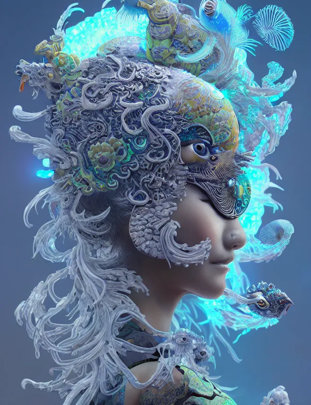 Image similar to 3 d goddess close - up profile solarpunk portrait ram skull. beautiful intricately detailed japanese crow kitsune mask and clasical japanese kimono. betta fish, jellyfish phoenix, bio luminescent, plasma, ice, water, wind, creature, artwork by tooth wu and wlop and beeple and greg rutkowski