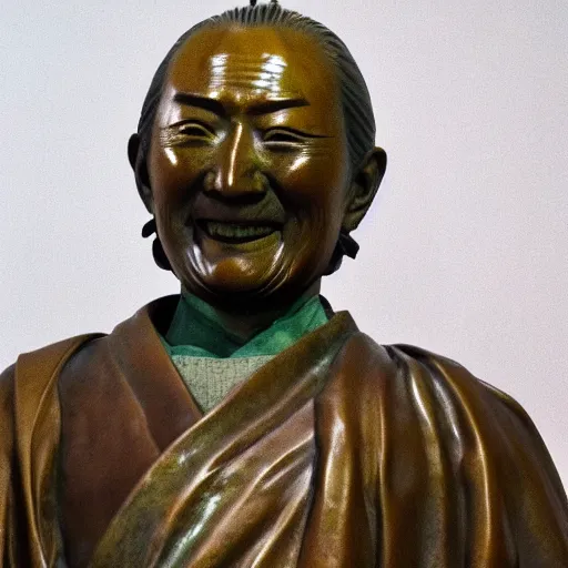 Image similar to close up shot of an old bronze patina statue of kitano takeshi in a museum