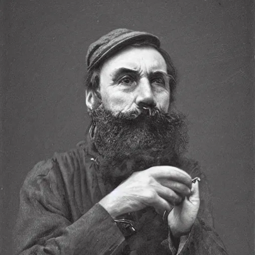 Image similar to Portrait of an earnest man smoking a pipe, b&w, facial details 1856, prairie, honest, medium constrast, photograph, by ilya repin
