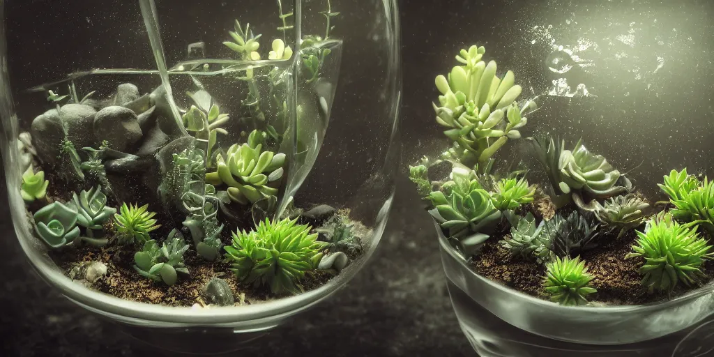 Image similar to hydroponic succulent plant, terrarium photograph, a pipe flowing with milky liquid, central composition, fluid, ultra clear material, volumetric light, lightrays, cinematic, atmospheric, 3 d concept art, octane render, beautiful, cinematic lighting, intricate details.