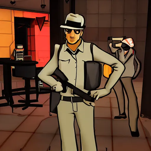 Prompt: TF2 Spy sneaking into a nightclub disguised as scout