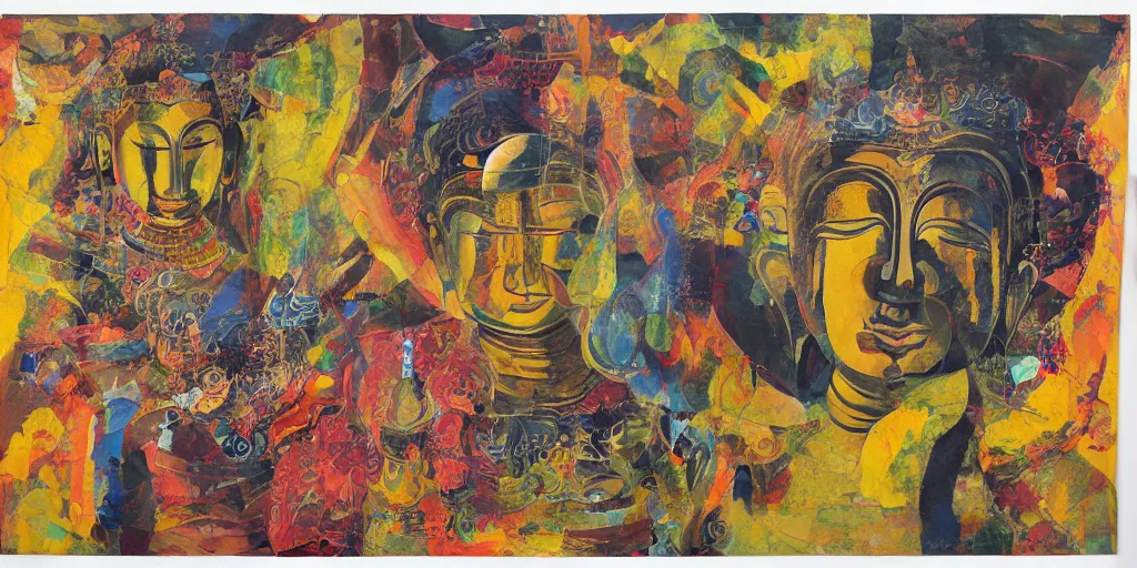 Image similar to buddhist, collage, acrylic on canvas, expressionism movement, breathtaking detailed, by blake neubert