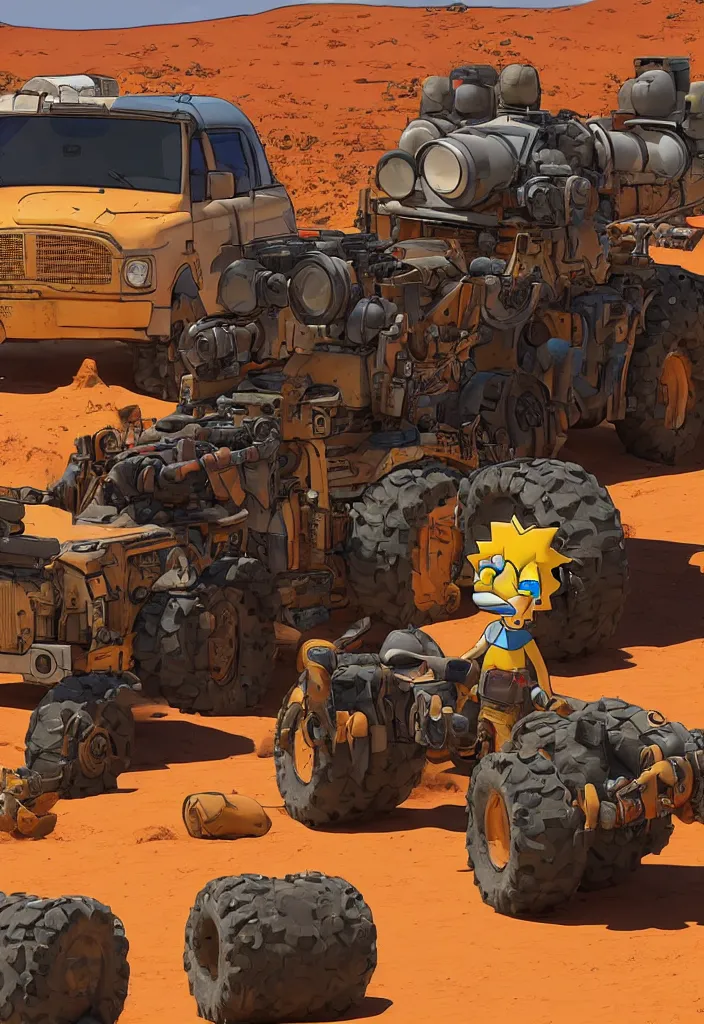 Prompt: Lisa Simpson portrait next to Fury Road War Rig vehicle with desert background, borderlands 4k render