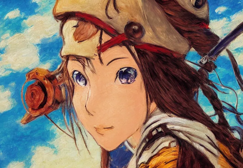 Prompt: wide angle close - up painting of a female pirate, a thrifty uniform, somewhat of an anime in impressionist style, trending artwork, illustrated in anime painter studio, by claude monet and an anime artist, collaboration