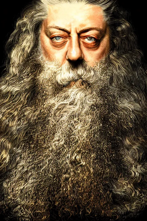 Prompt: a close-up portrait of Alan Moore, dramatic backlighting, golden hour, autochrome, high contrast, highly detailed, sharp focus, digital painting, concept art, illustration, rock, chiaroscuro, trending on artstation, art by lou romano, dice tsutsumi, Steven Stahlberg