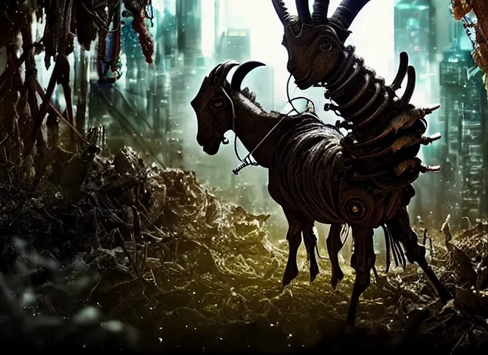 Prompt: intricate goat from overlord anime, on the background of a weird magical mechanical forest. Very detailed 8k. Fantasy cyberpunk horror. Sharp. Cinematic post-processing