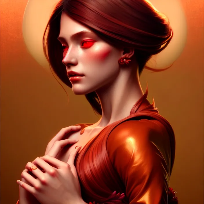 Prompt: beautiful digital painting of a goddes stylish female with high detail, real life skin, red colors, 8 k, stunning detail, works by artgerm, greg rutkowski and alphonse mucha, unreal engine 5, 4 k uhd