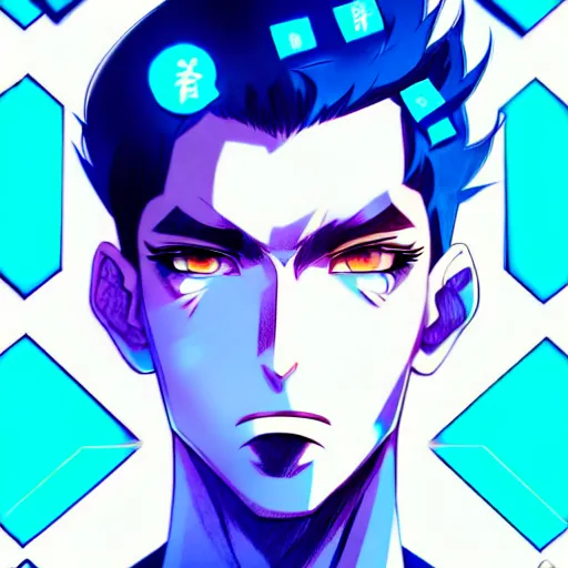 Prompt: a highly detailed portrait of a man with navy blue hair and blue glowing eyes, blue transparent cubes in backround, high detail clothing, concept art, anime, artstation, professional drawing