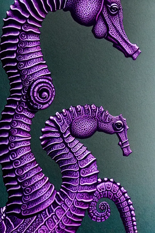 Image similar to a close - up portrait of a purple ornate seahorse statue, black paper, billions of details, beautiful intricate painting by kokaris