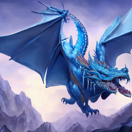 Image similar to huge blue dragon in flight by plutus su and chris scalf and lucas graciano and billy christian and alex konstad and mark zug, mountains, blue and white color palette, painting, d & d, fantasy, detailed, realistic, complimentary colors, light, artstation, cinematic, dramatic lighting, close up