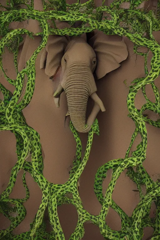 Image similar to ultra - realistic 3 d render of vines forming the shape of mother elephant and child elephant and infected with flowers, beautiful, elegant