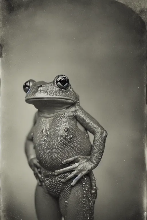 Image similar to a wet plate photo of an anthropomorphic frog king