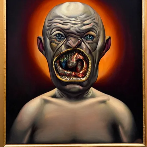 Image similar to Oil painting with black background by Christian Rex Van Minnen Robert Williams Todd Schorr of a portrait of an extremely bizarre disturbing mutated man with acne intense chiaroscuro lighting perfect composition