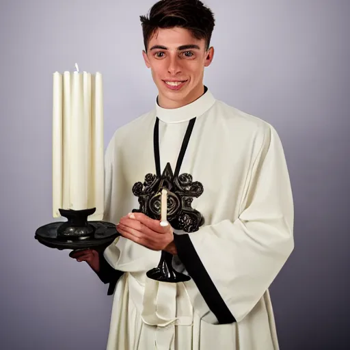 Image similar to attractive kai havertz wearing priest outfit holding large detailed ivory candlestick. natural lighting by photorealistic, portrait. 8 k high definition