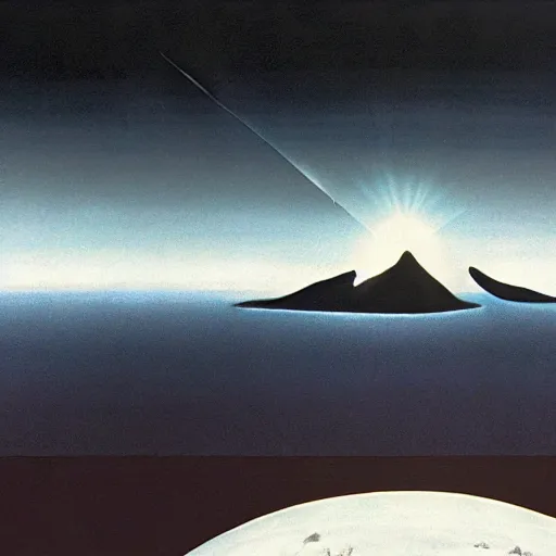 Image similar to dark solar eclipse, above rocky mountains, highly detailed, studio 4 k quality, by chesley bonestell