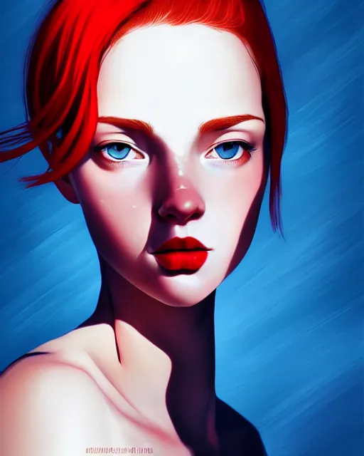 Image similar to a detailed portrait of a beautiful!! woman with red hair and freckles by ilya kuvshinov, digital art, dramatic lighting, dramatic angle