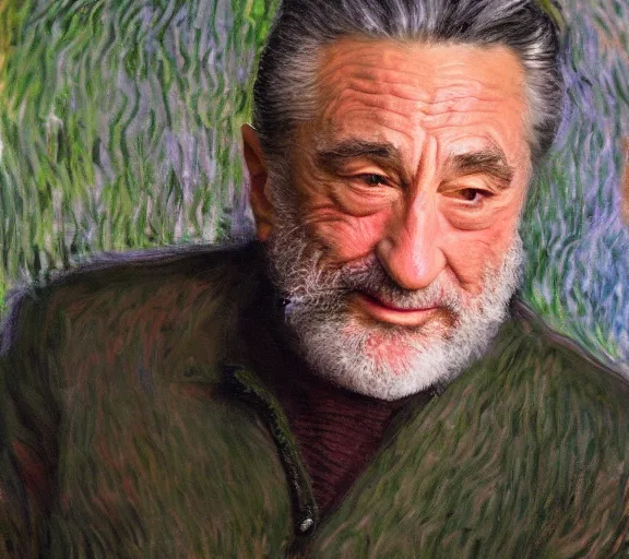 Image similar to a hyper-detailed oil painting of Robert DeNiro by Claude Monet; anatomically correct; trending on artstation