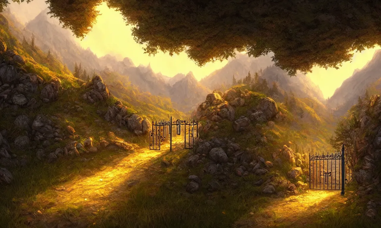 Prompt: digital painting of a small castle town closed off by large metal gate, border, behind a forest, large mountains in back, vector art, low angle, high detail, warm lighting, volumetric, godrays, vivid, beautiful, trending on artstation, by Jordan grimmer, no focus, huge scene, grass