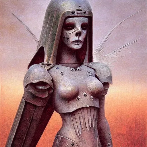 Prompt: Gloomy gothic girl angel in armor in style Warhammer 40000 by zdislav beksinski