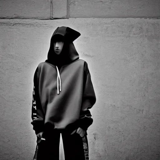 Image similar to fashion photography of an extraterrestrial model, wearing futuristic hip - hop streetwear fashion, inside berghain, berlin fashion, futuristic fashion, photo 3 5 mm leica, hyperdetail, hoodie, 8 k, very detailed, black and white