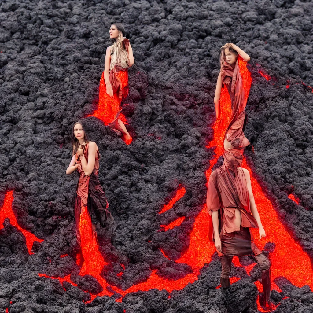 Prompt: fashion portrait in volcano lava eruption.