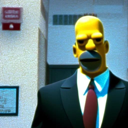 Image similar to a still of homer simpson from die hard ( 1 9 8 8 ), long shot, 1 5 0 mm