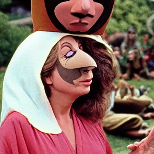 Prompt: 1970 hippie woman on tv show with a long prosthetic snout nose, big nostrils, wearing a robe in the park 1970 color archival footage color film 16mm holding a hand puppet Fellini Almodovar John Waters Russ Meyer Doris Wishman