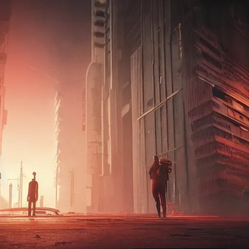 Prompt: two figures in an apocalyptic sci - fi cyberpunk city street beneath a brutalist architecture megastructure, hi - res photo vray blade runner 2 0 4 9, beautiful infrared city, 4 k, 8 k, octane render, street view