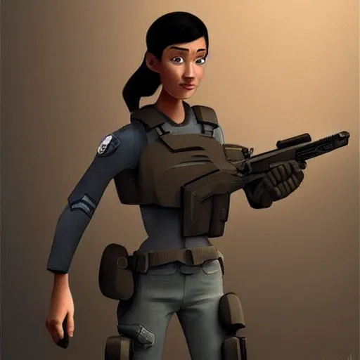 Image similar to a 3 d concept art of a armed sci - if girl by pixar studio.