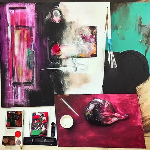 Image similar to “ a portrait in a female art student ’ s apartment, sensual, a pig theme, art supplies, paint tubes, ikebana, herbs, a candle dripping white wax, black walls, squashed berries, berry juice drips, acrylic and spray paint and oilstick on canvas, surrealism, neoexpressionism ”