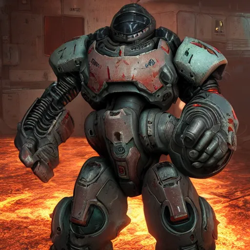 Image similar to doom slayer in power armor, doom eternal and fallout 4 crossover, photography