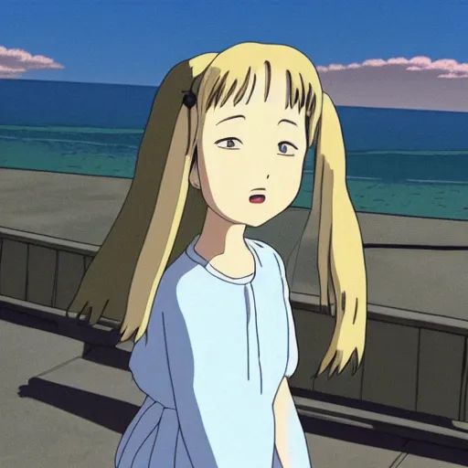Prompt: Film still of Dakota Fanning, from Spirited Away (Studio Ghibli anime from 2001)