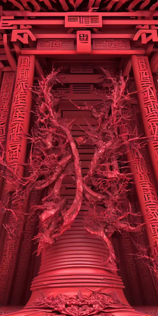 Prompt: 3 d render of a carved red torii gate sculpture, chrometype, made of liquid metal, neotribal with thorns and thunders, japanese temple, raytraced, volumetric lightning, 8 k, by zhelong xu, ouchh and and innate studio