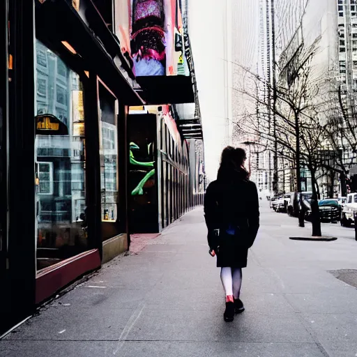 Prompt: an android walking down a street in New York city.