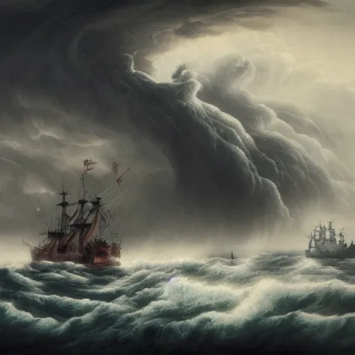 Image similar to a highly detailed scene of a ship being attacked by giant squid tentacles, dark, voluminous clouds, thunder, stormy seas, pirate ship, dark, high contrast