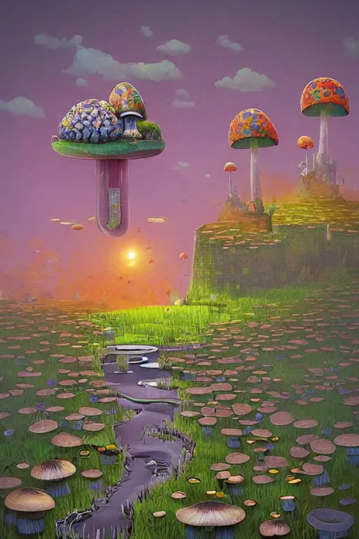 Image similar to surreal mushroom kingdom, floating island in the sky, water pipes in the ground, summer morning, very coherent and colorful high contrast, art by!!!! gediminas pranckevicius!!!!, geof darrow, dark shadows, hard lighting