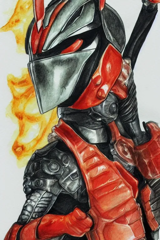 Image similar to Kamen Rider drinking hot sauce, pencil and watercolor