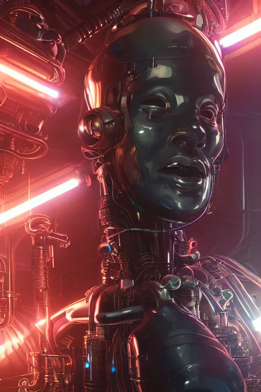 Image similar to portrait of humongous cyberpunk female android, symmetric, body full glowing vacuum tubes, realistic digital art, 3 d render of futuristic steampunk generators inside a huge steampunk engine, 8 k, fluorescent colors, halluzinogenic, multicolored, exaggerated detailed, unreal engine, by moebius