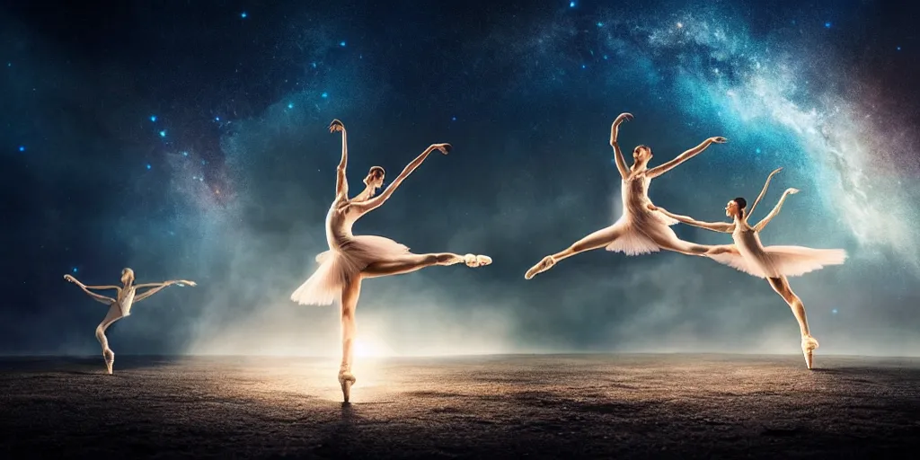 Image similar to epic FX shot of etheral celestial ballet dancers on the milky way, dynamic shot, a sense of mouvement, cinematic angle and lighting, dust particles, volumetric lighting, breathtaking, beautiful composition, intricate, elegant, digital art, detailed, hyperrealistic, sharp focus,
