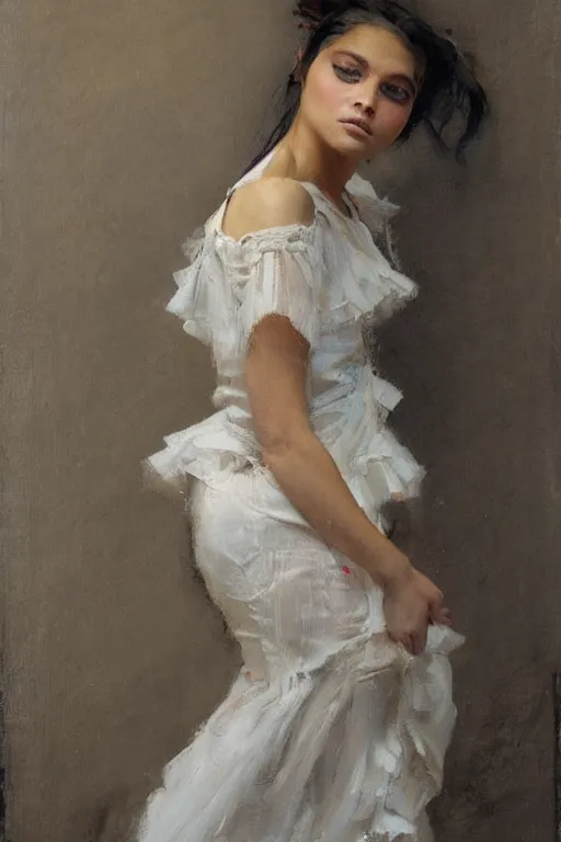 Prompt: Richard Schmid and Jeremy Lipking full length portrait painting of a young beautiful flamenco dancer