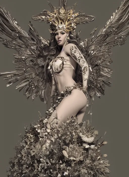 Image similar to full body environmental portrait photo of a goddess as angel, ornate headpiece made from flowers, ornaments, glamour shot by gemmy woud - binnendijk, chris knight, photorealistic, canon r 3, fashion photography, ornate, symmetrical features, octane render, unreal engine, solid dark grey background, clamp shell lighting, rim lighting